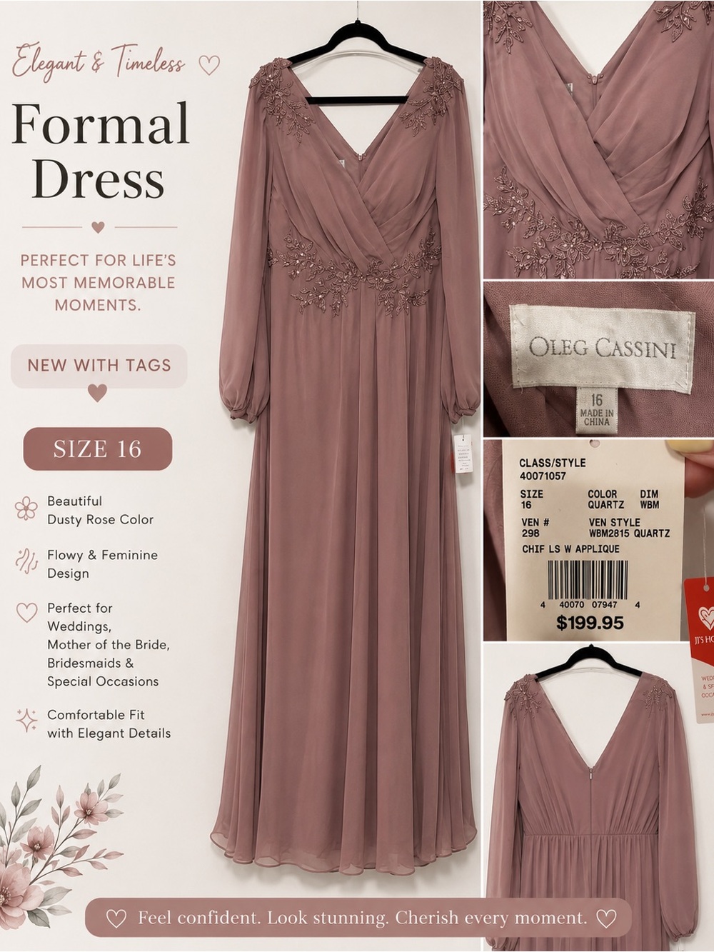 Oleg Cassini Dusty Rose Quartz V‑Neck Long Sleeve Formal Dress